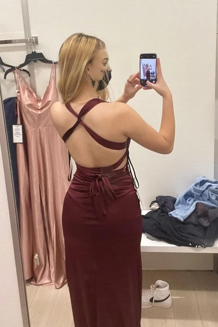 Charming Burgundy Satin Sheath Party Evening Dress cc2091 main image 0