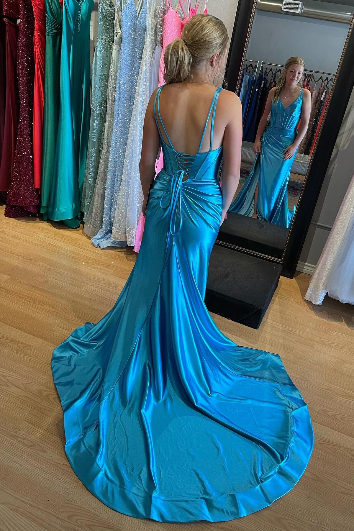 V Neck Blue Satin Mermaid Long Formal Dress