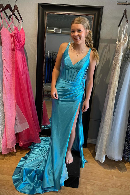 A Line Halter Deep V Neck Blue Satin Pleats Backless Prom Dress LBQ3977 main image 0
