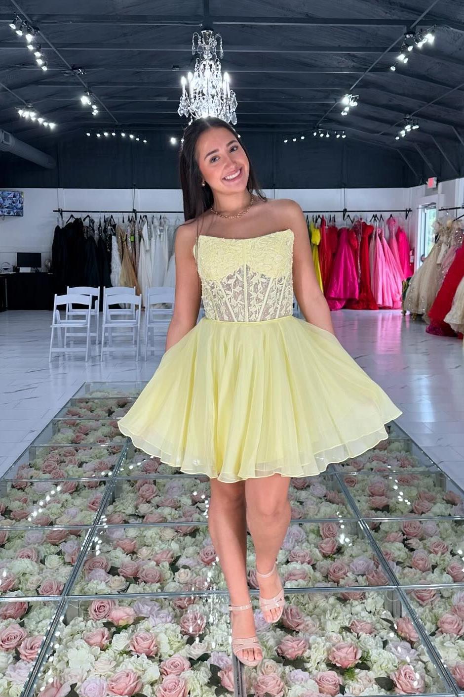 Strapless Yellow Appliques Chiffon Short Homecoming Dress Dressesforparty Strapless Yellow Appliques Chiffon Short Homecoming Dress Dressesforparty
