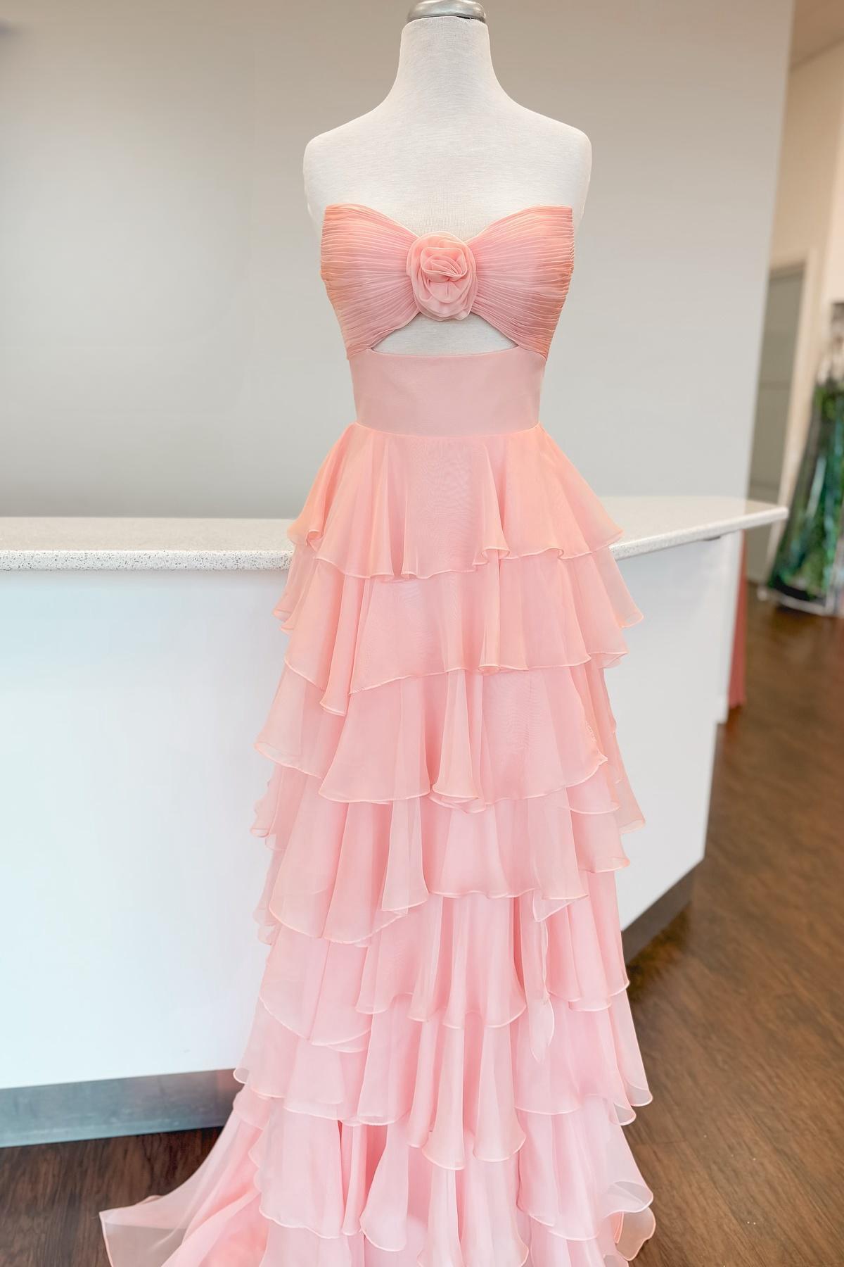 Cutout Slit Hot Pink Chiffon Ruffle A-line Long Dress Dressesforparty Cutout Slit Hot Pink Chiffon Ruffle A-line Long Dress Dressesforparty
