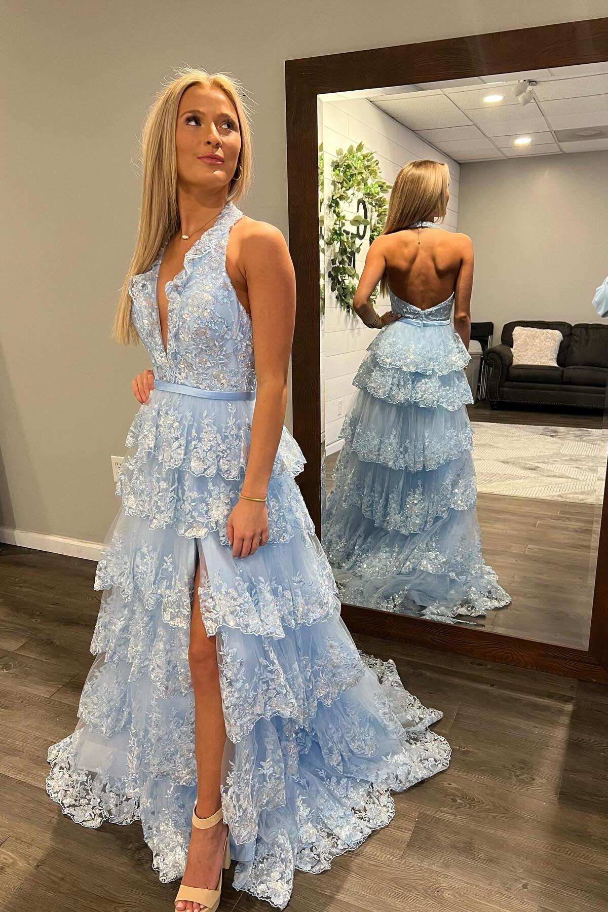 Halter Light Blue Appliques Ruffle Prom Dress