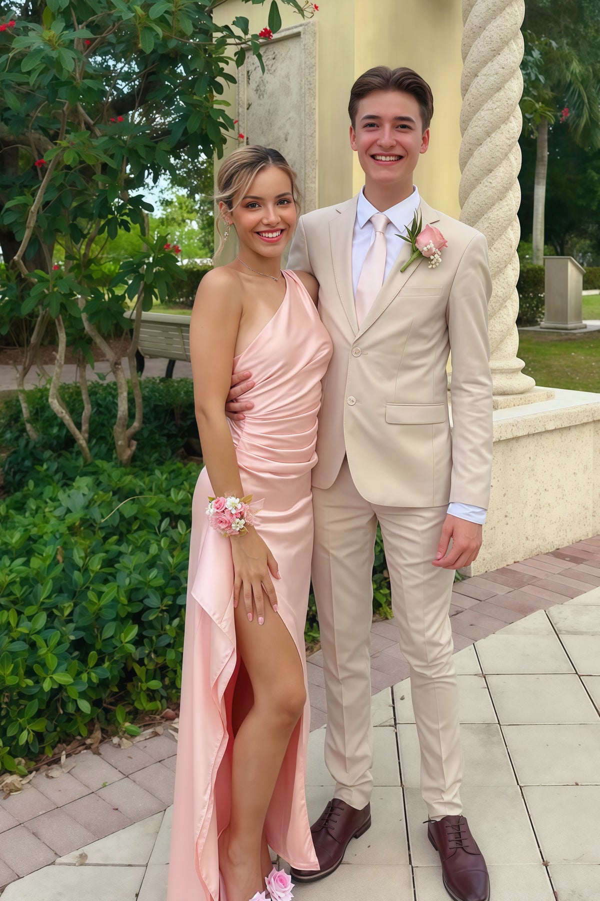 One Shoulder Pink Ruched Frill Party Dress