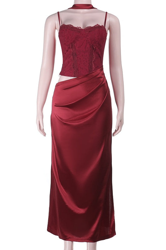 Burgundy Spaghetti Straps Lace Long Dress