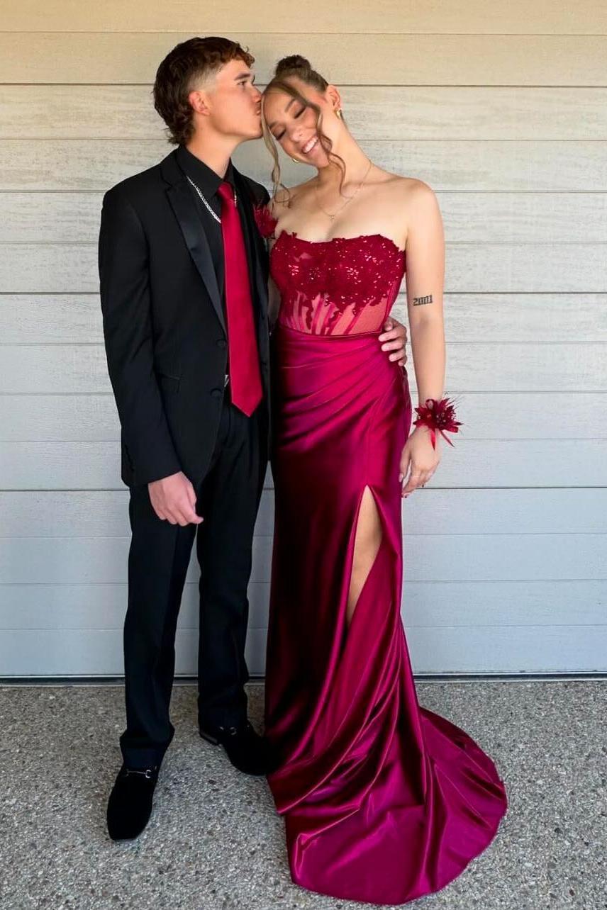 Strapless Red Sheet Appliques Fitted Long Prom Dress – Dressesforparty