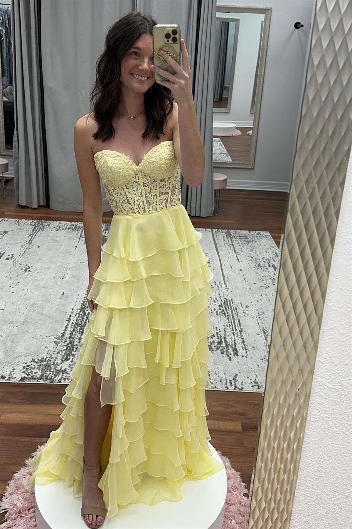 Sweetheart Yellow Lace Tiered Ruffle Prom Dress