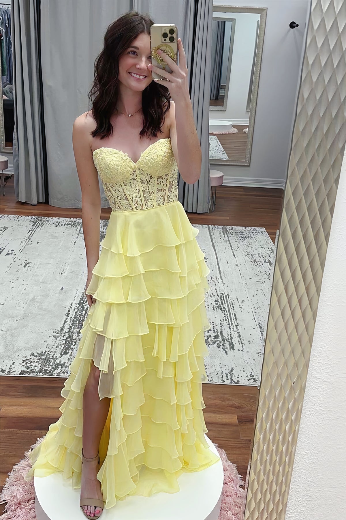 Sweetheart Yellow Lace Tiered Ruffle Prom Dress