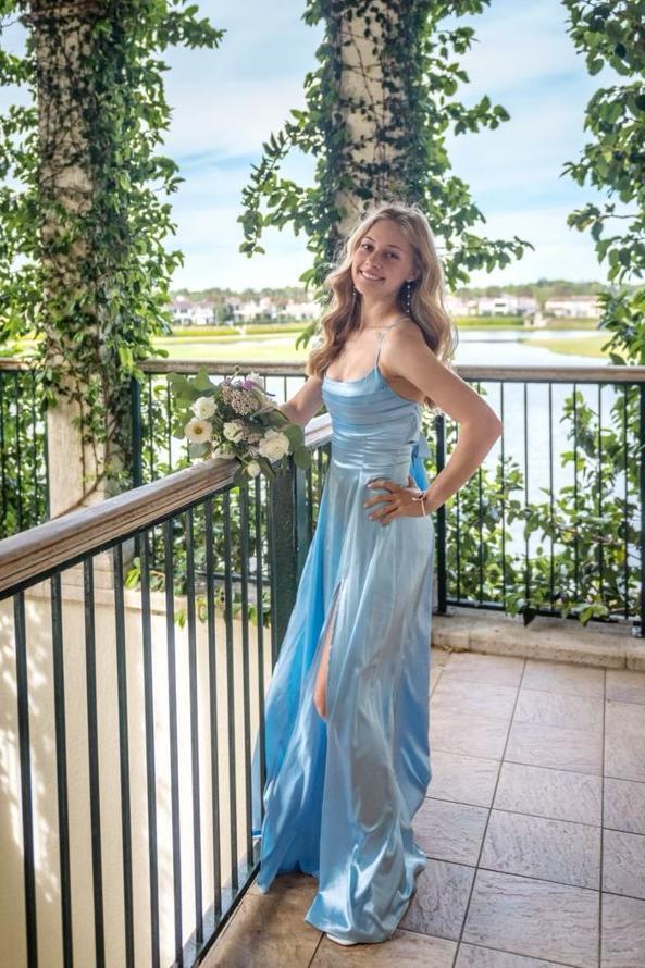 Straps Blue Ruched Soft Satin A-line Dress  Dressesforparty