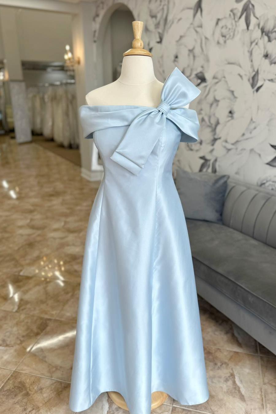 Off the Shoulder Light Blue Satin Dress with Bow – Dressesforparty