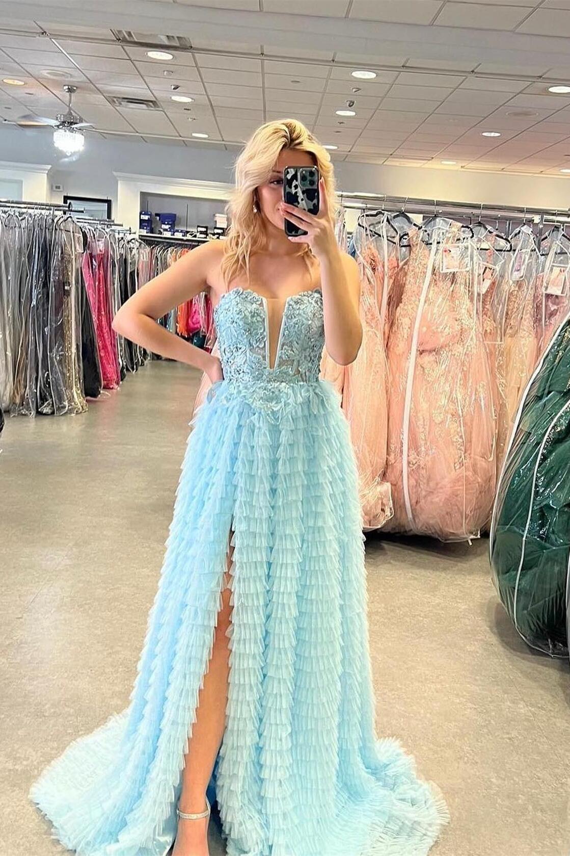 Light Blue Appliques Tiered Prom Dress