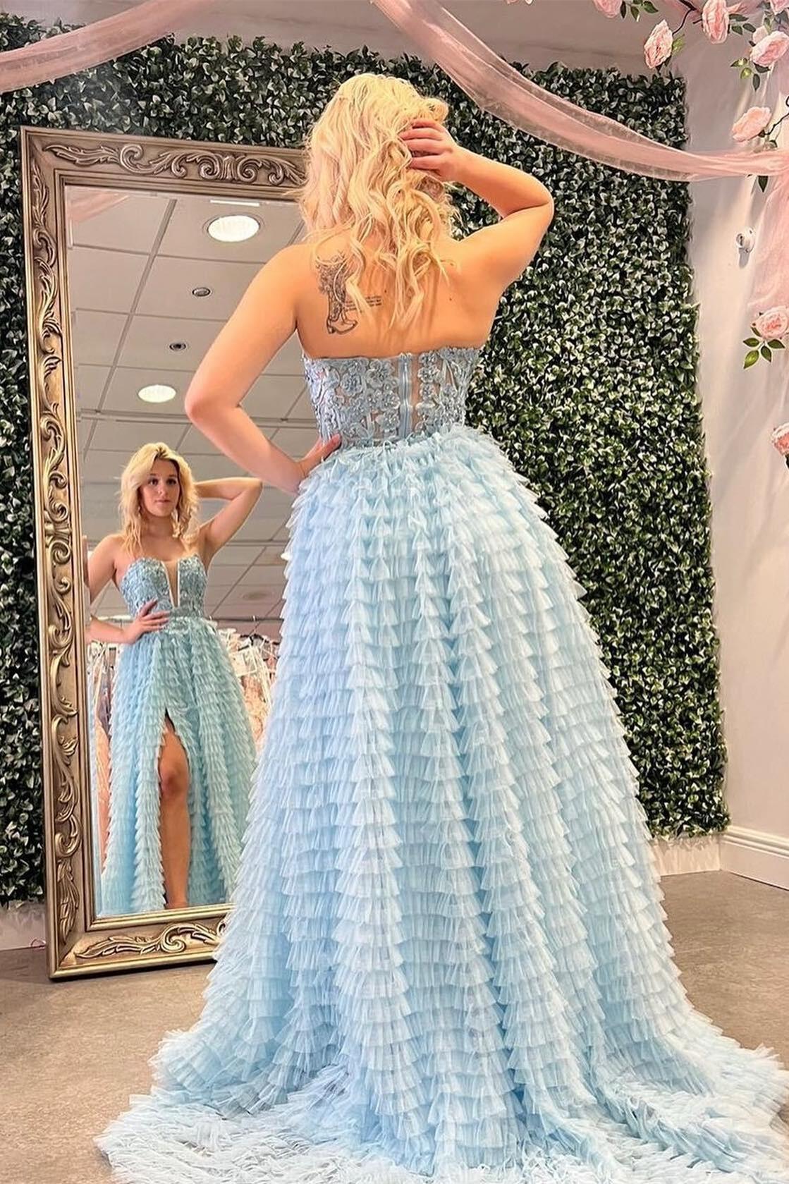 Light Blue Appliques Tiered Prom Dress