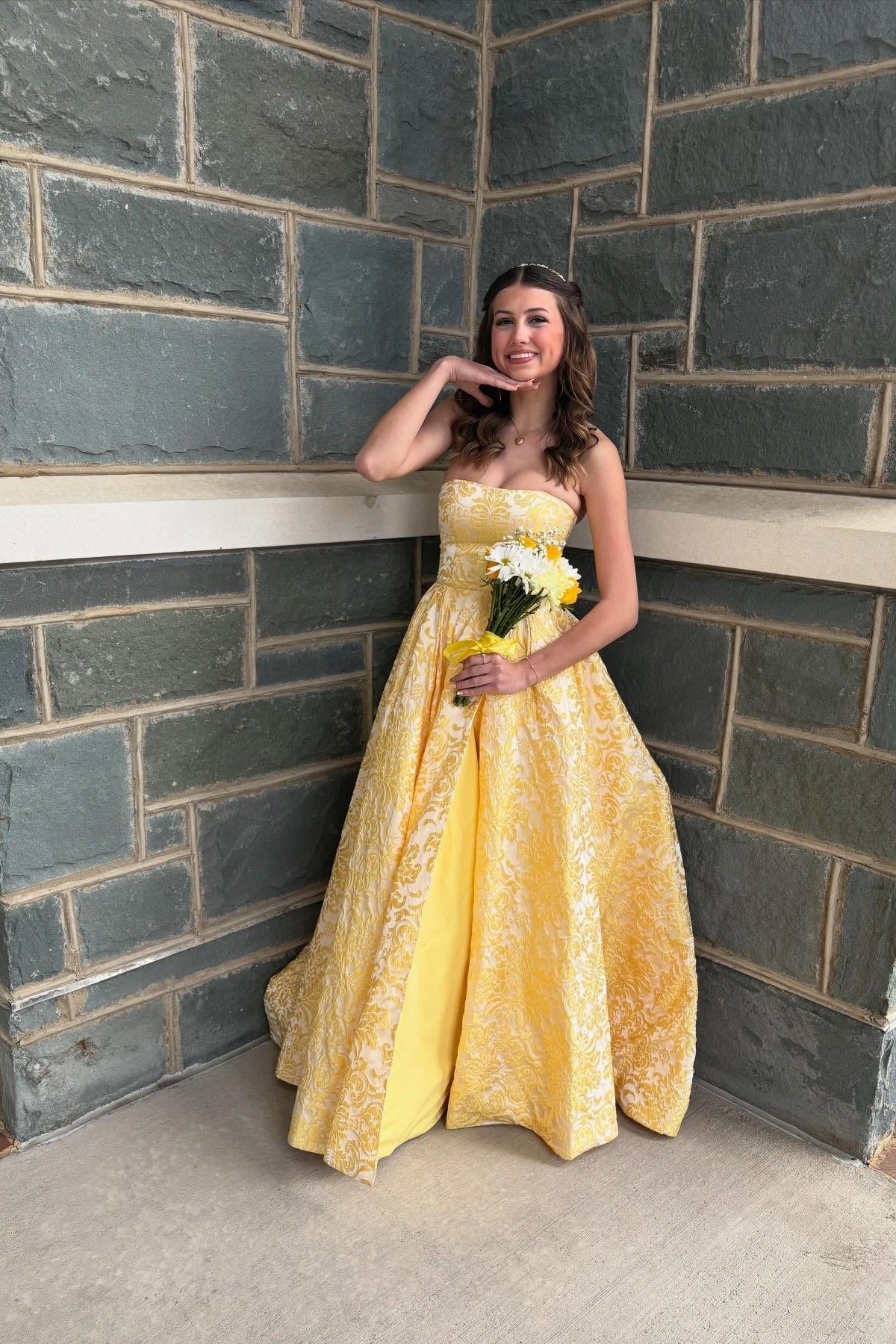 Yellow Embroidery Print A-line Long Prom Dress  Dressesforparty