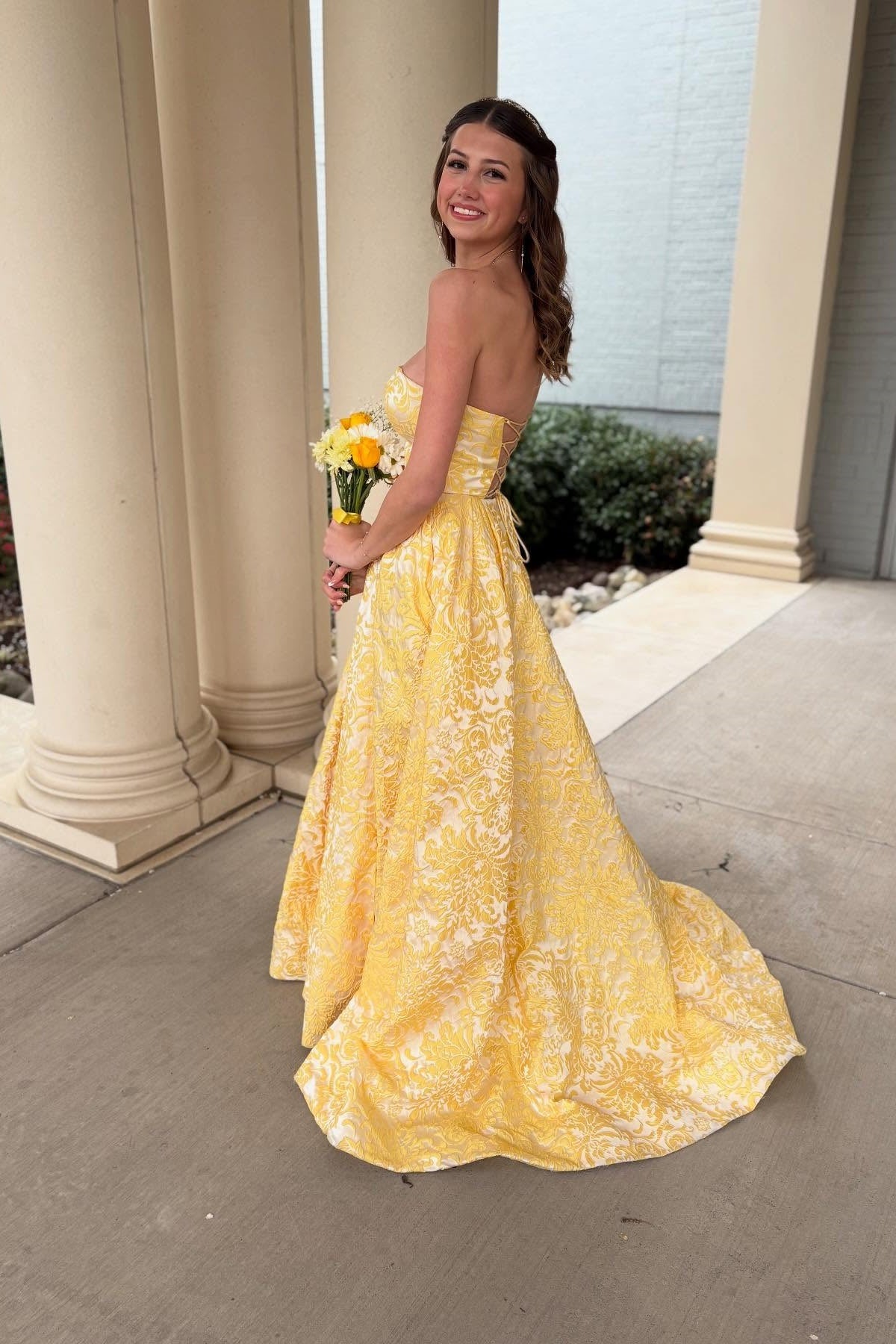 Yellow Embroidery Print A-line Long Prom Dress Dressesforparty Yellow Embroidery Print A-line Long Prom Dress Dressesforparty