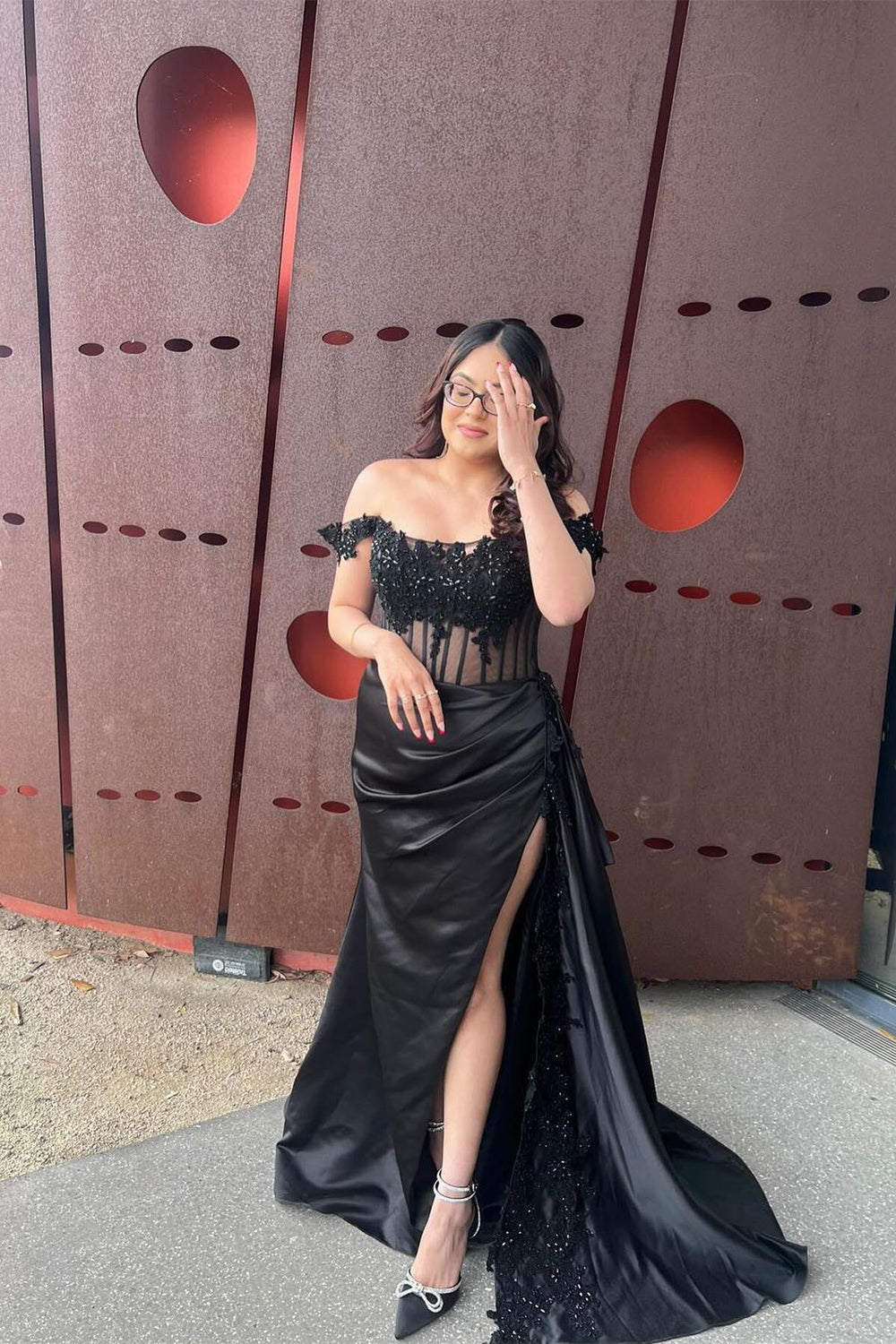 Off the Shoulder Champagne A-Line Corset Long Ball Dress with Appliques
