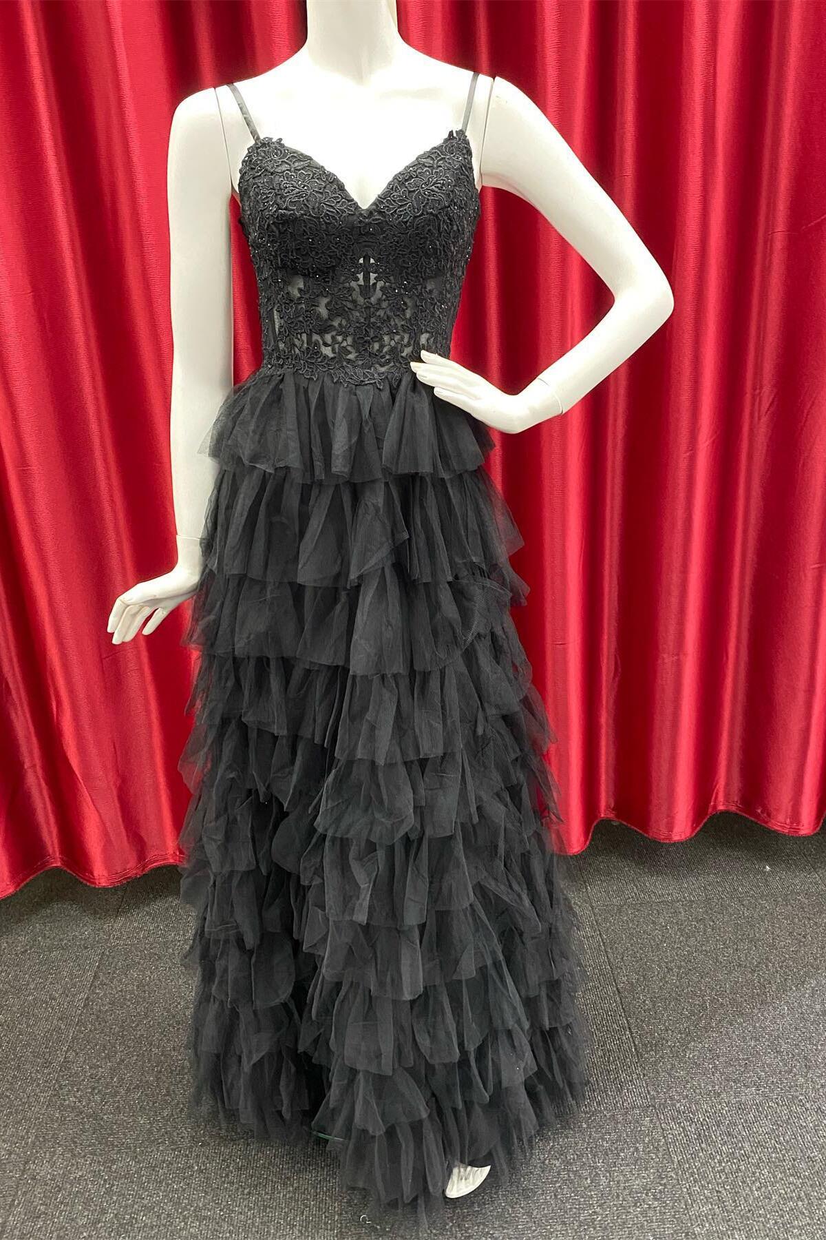 Straps Black Lace and Tulle Ruffles Party Dress
