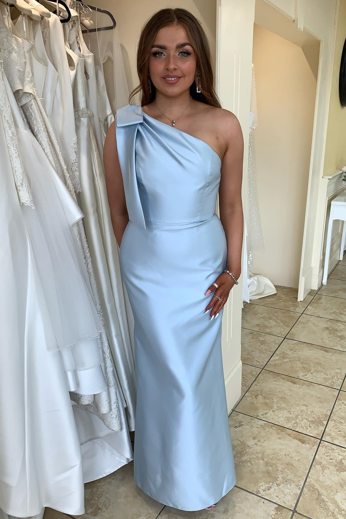 Light Blue Satin One-Shoulder Bridesmaid Dress with Bow – Dressesforparty