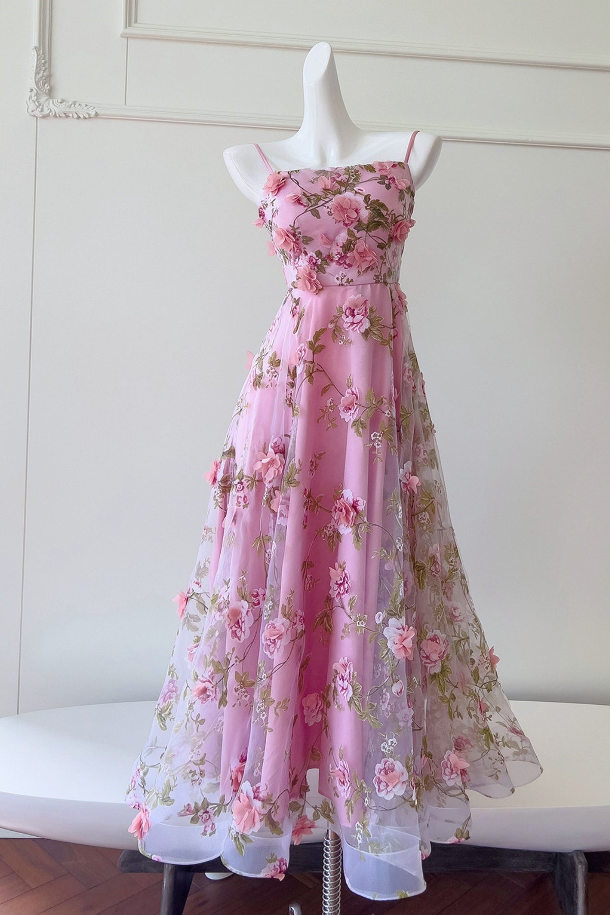Pink Spaghetti Straps 3D Floral Long Dress