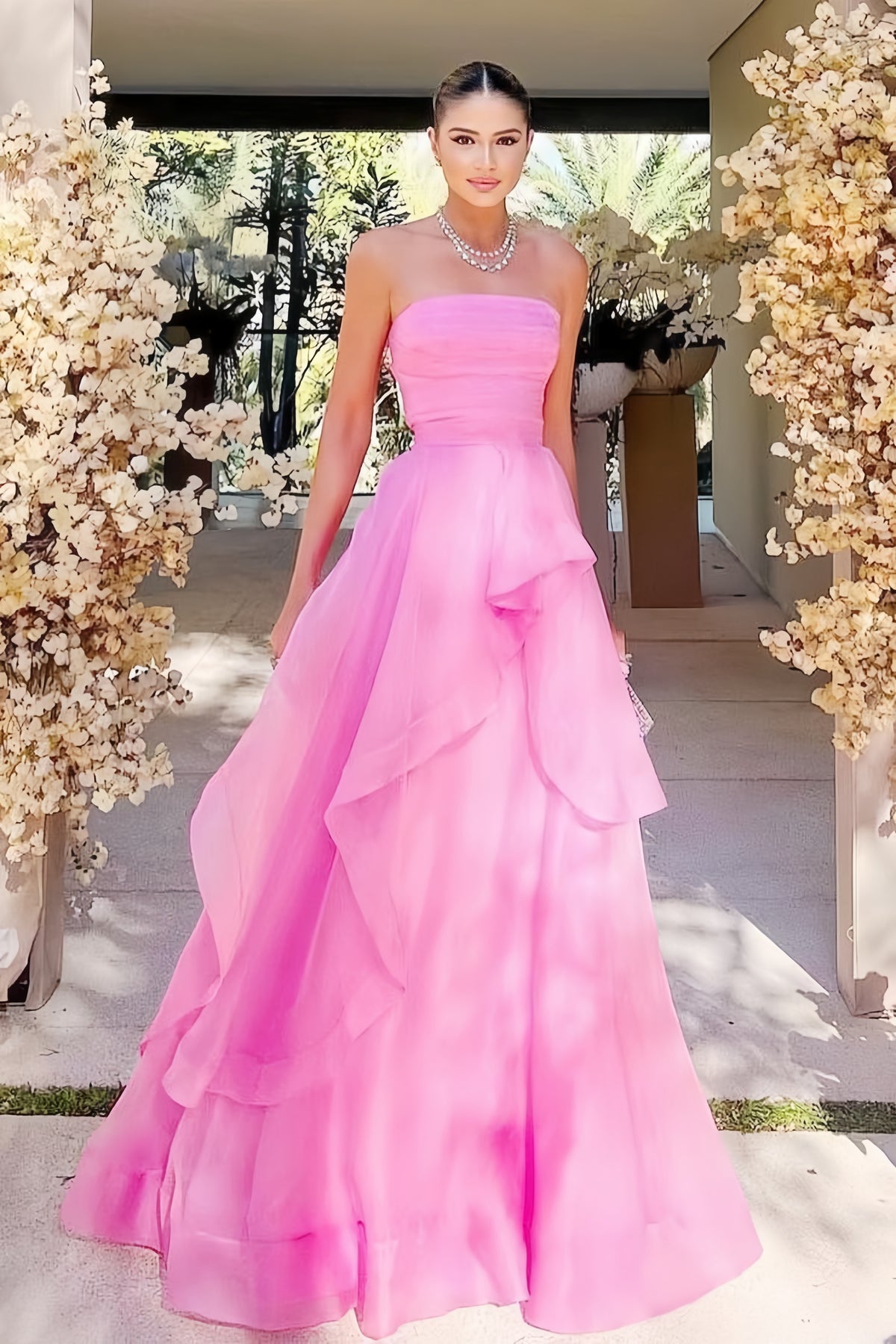 Strapless Pink Tulle Ruffle A-line Formal Dress
