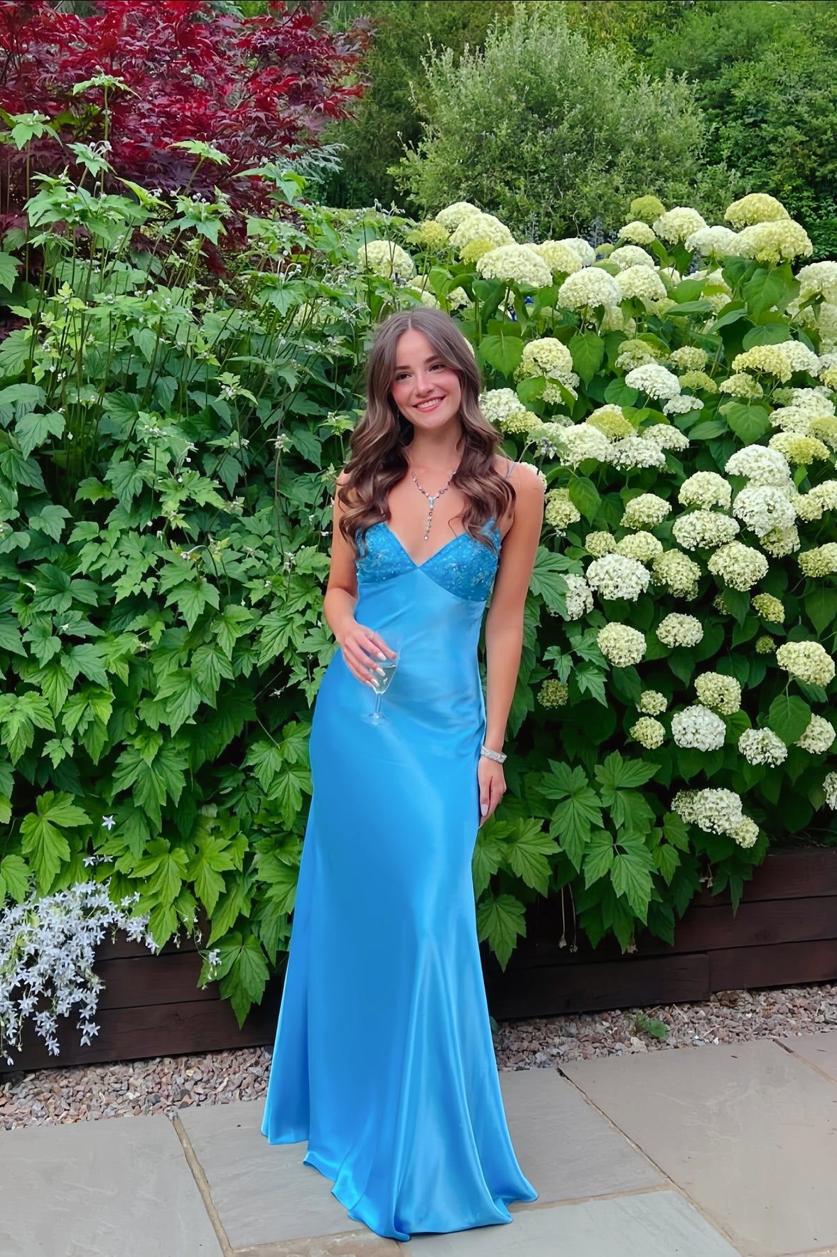 Beaded Blue Soft Satin Sheath Long Dress