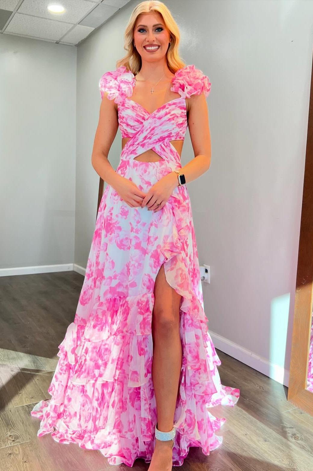 Sexy Pink Floral Cutouts A-line Ruffle Long Dress – Dressesforparty