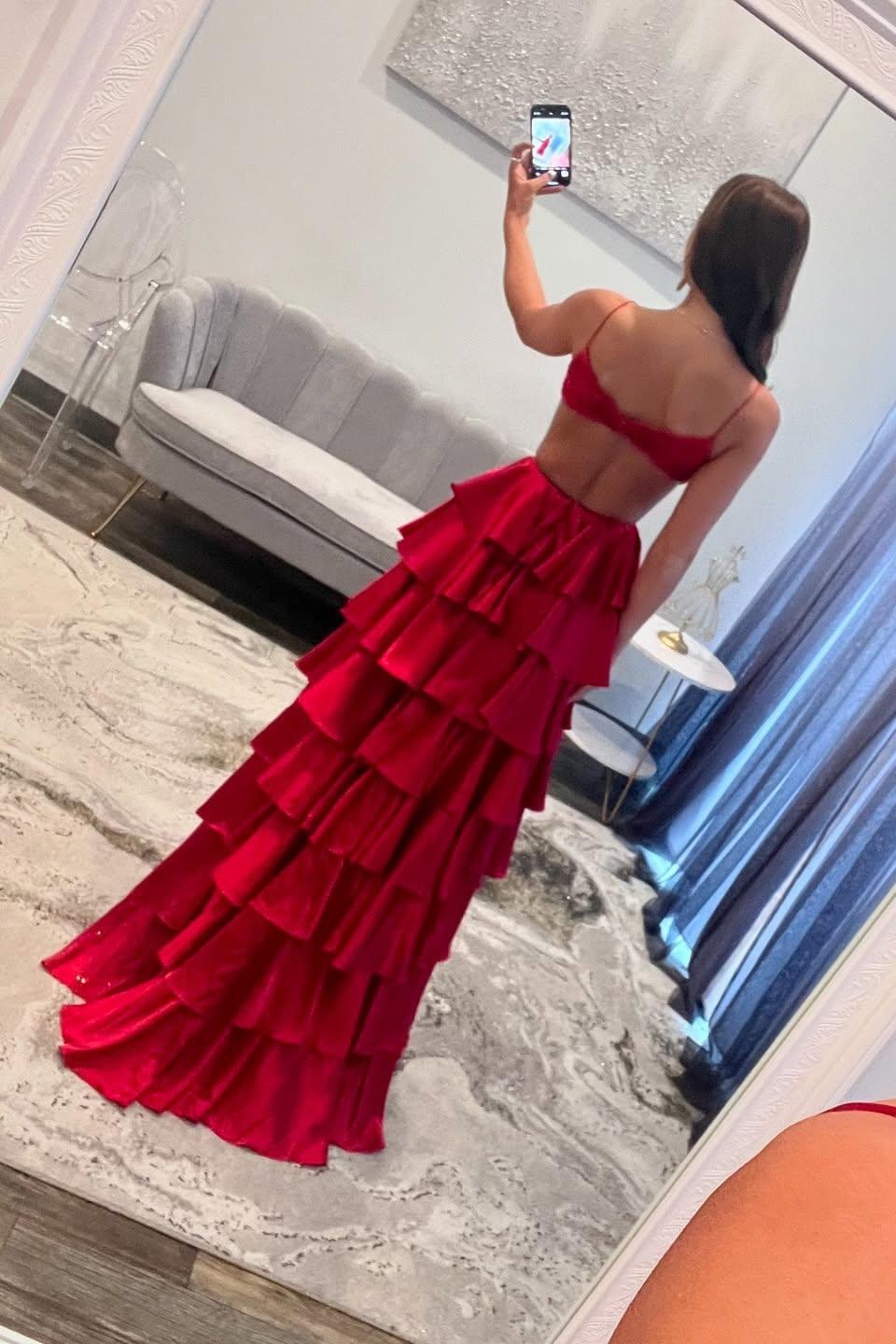 red ruffle prom dress Red Straps Satin Cutouts A-line Ruffle Prom Dress – Dressesforparty