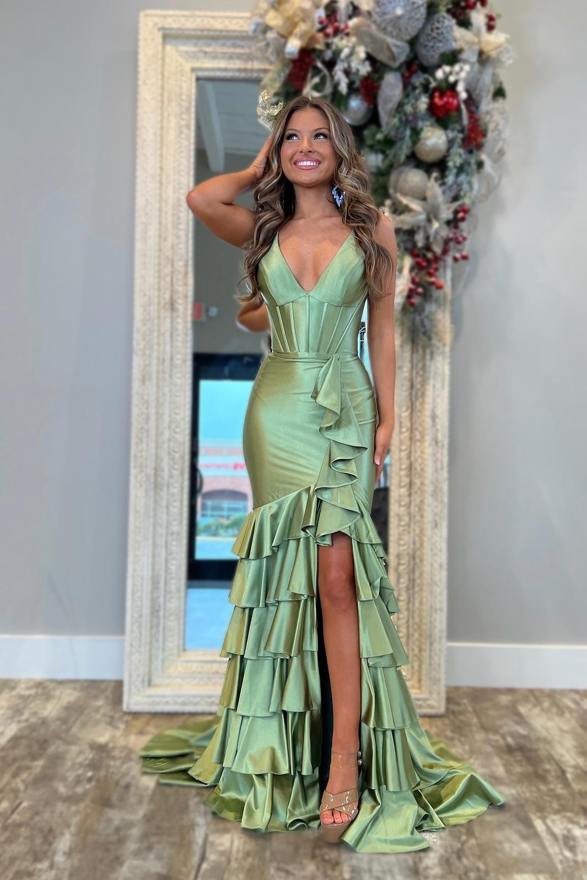 V Neck Yellow Satin Ruffle Fitted Prom Dress Dressesforparty V Neck Yellow Satin Ruffle Fitted Prom Dress Dressesforparty