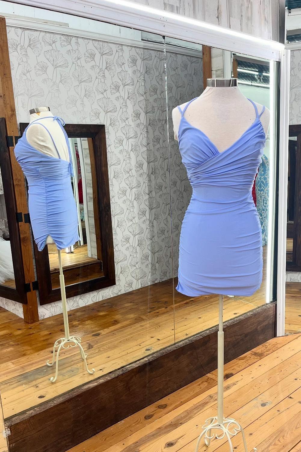 Straps Blue Ruched Tight Mini Party Dress
