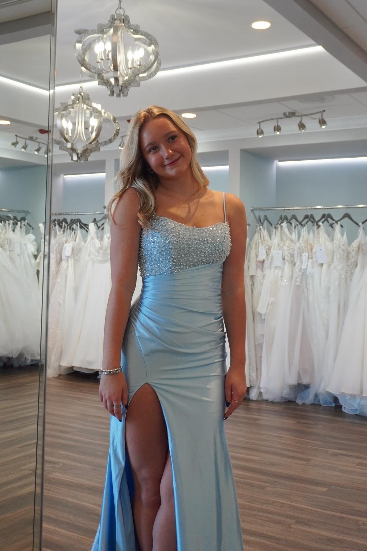 Light Blue Pearls and Satin Ruched Fitted Prom Dress Dressesforparty Light Blue Pearls and Satin Ruched Fitted Prom Dress Dressesforparty