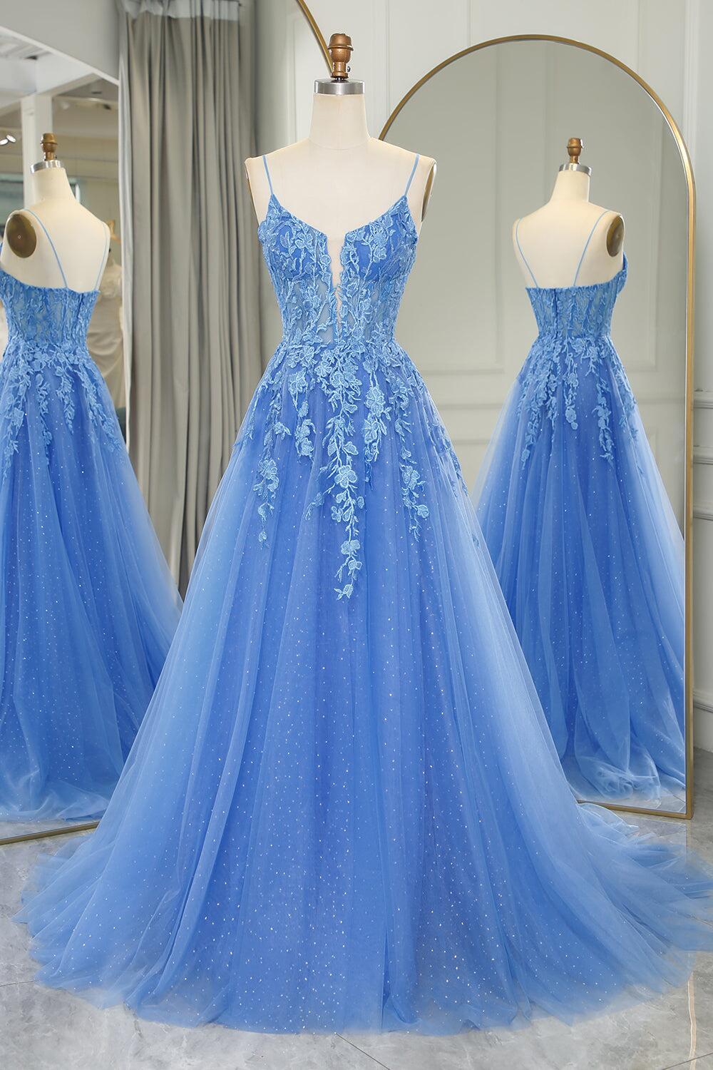 Straps Blue Lace Appliques A-line Long Prom Dress