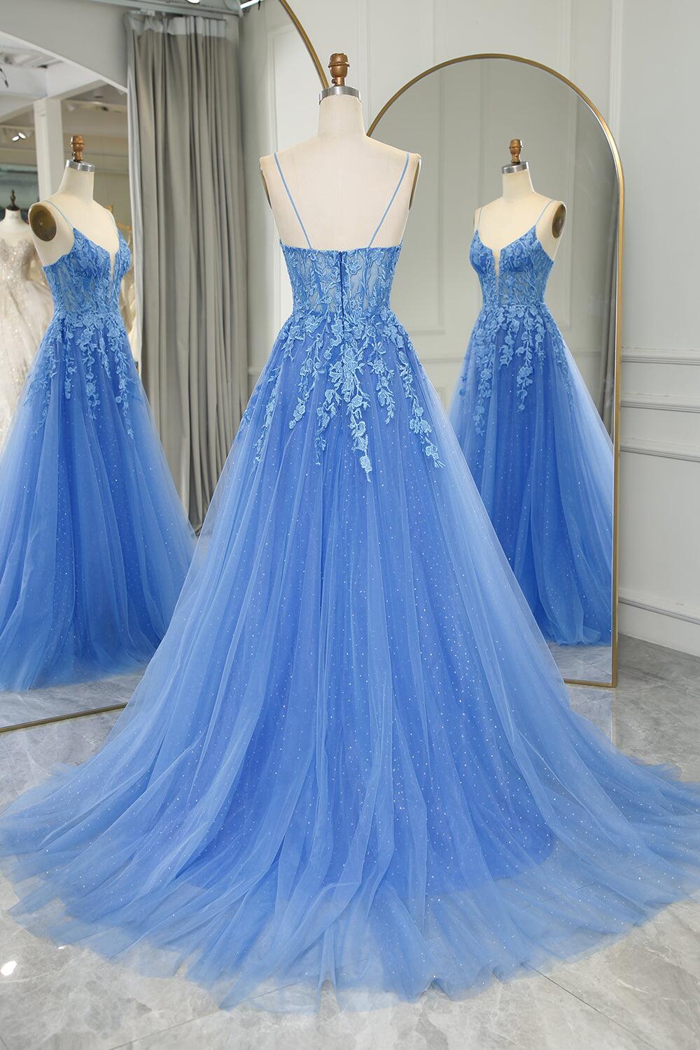 Straps Blue Lace Appliques A-line Long Formal Dress