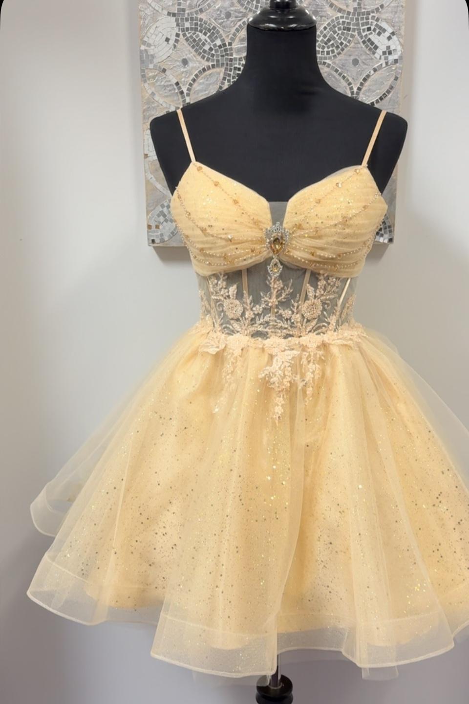 Straps Champagne Beaded A-line Short Party Dress