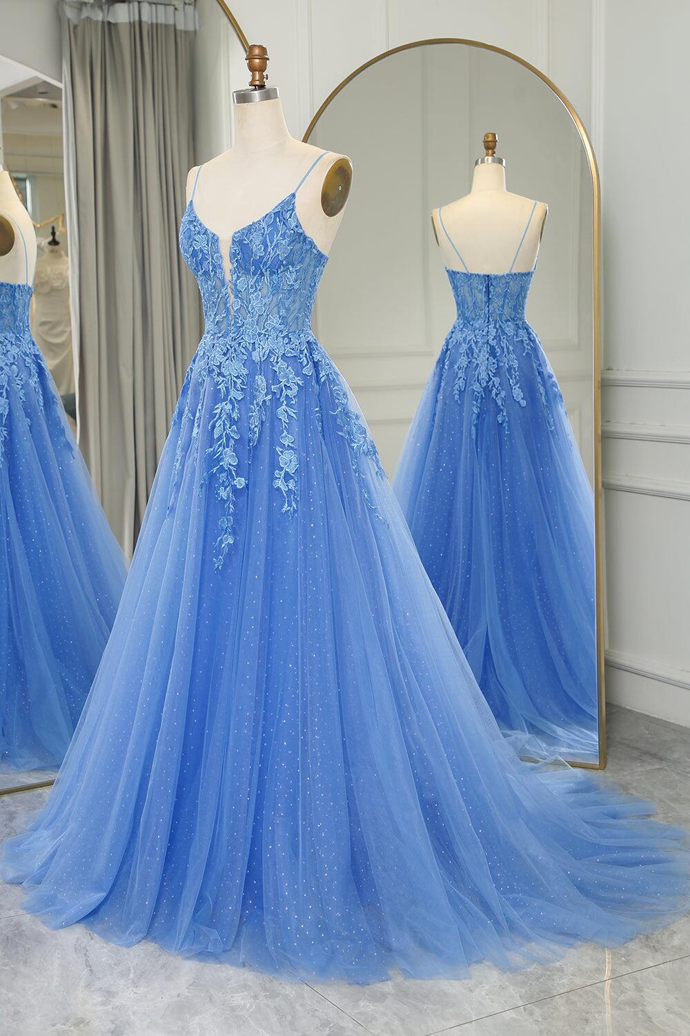 Straps Blue Lace Appliques A-line Long Prom Dress