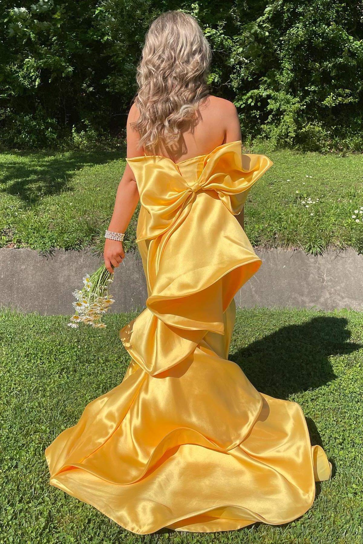 Strapless Yellow Mermaid Long Formal Dress with A Bow Dressesforparty Strapless Yellow Mermaid Long Formal Dress with A Bow Dressesforparty