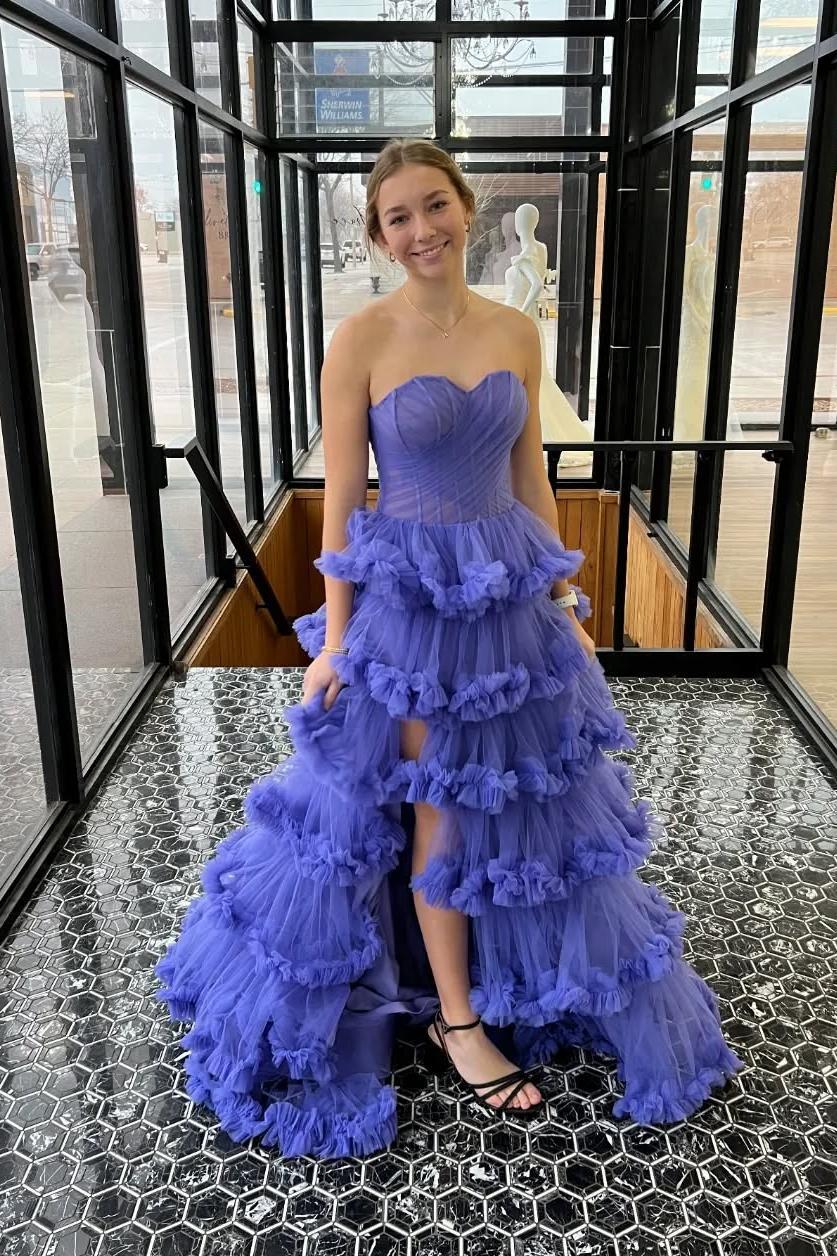 Orange A-Line Ruffles Tulle Evening Party Dresses Strapless Tiered Prom Dresses ,DP459