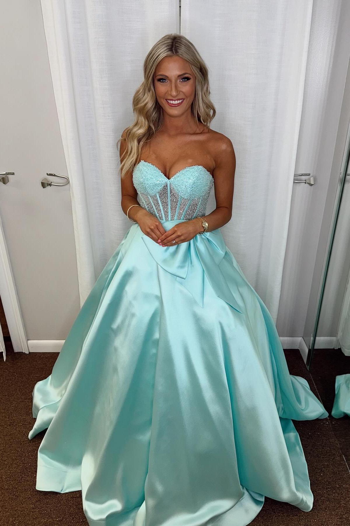 Beaded Sheer Aqua Satinn A-line Formal Gown Dressesforparty Beaded Sheer Aqua Satinn A-line Formal Gown Dressesforparty