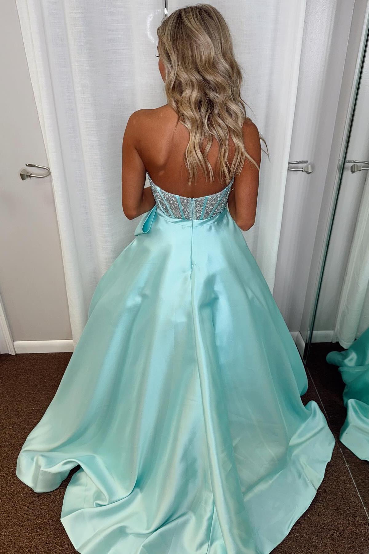 Beaded Sheer Aqua Satinn A-line Formal Gown Dressesforparty Beaded Sheer Aqua Satinn A-line Formal Gown Dressesforparty