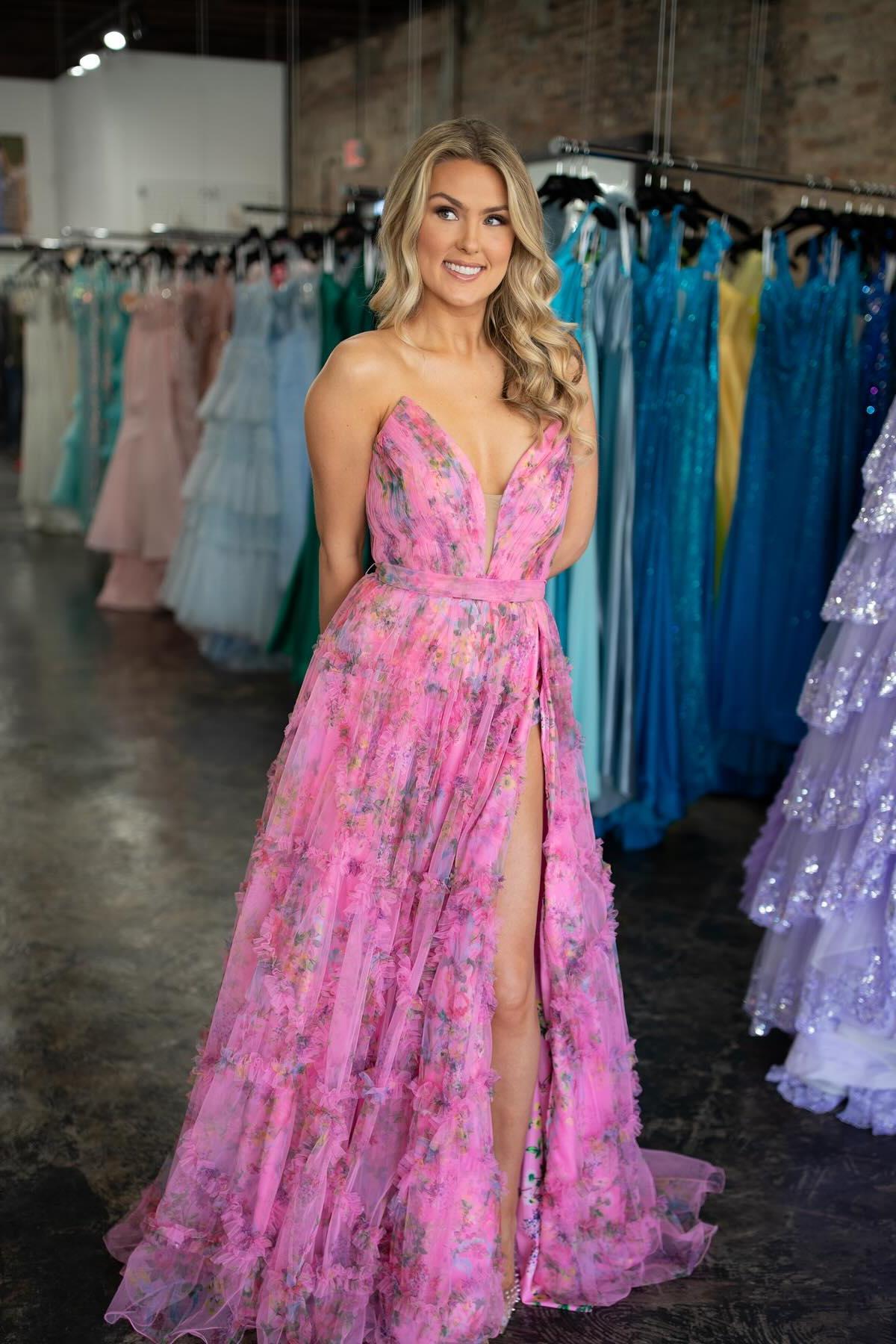 Fuchsia Floral Strapless V Neck Tulle Long Formal Dress – Dressesforparty