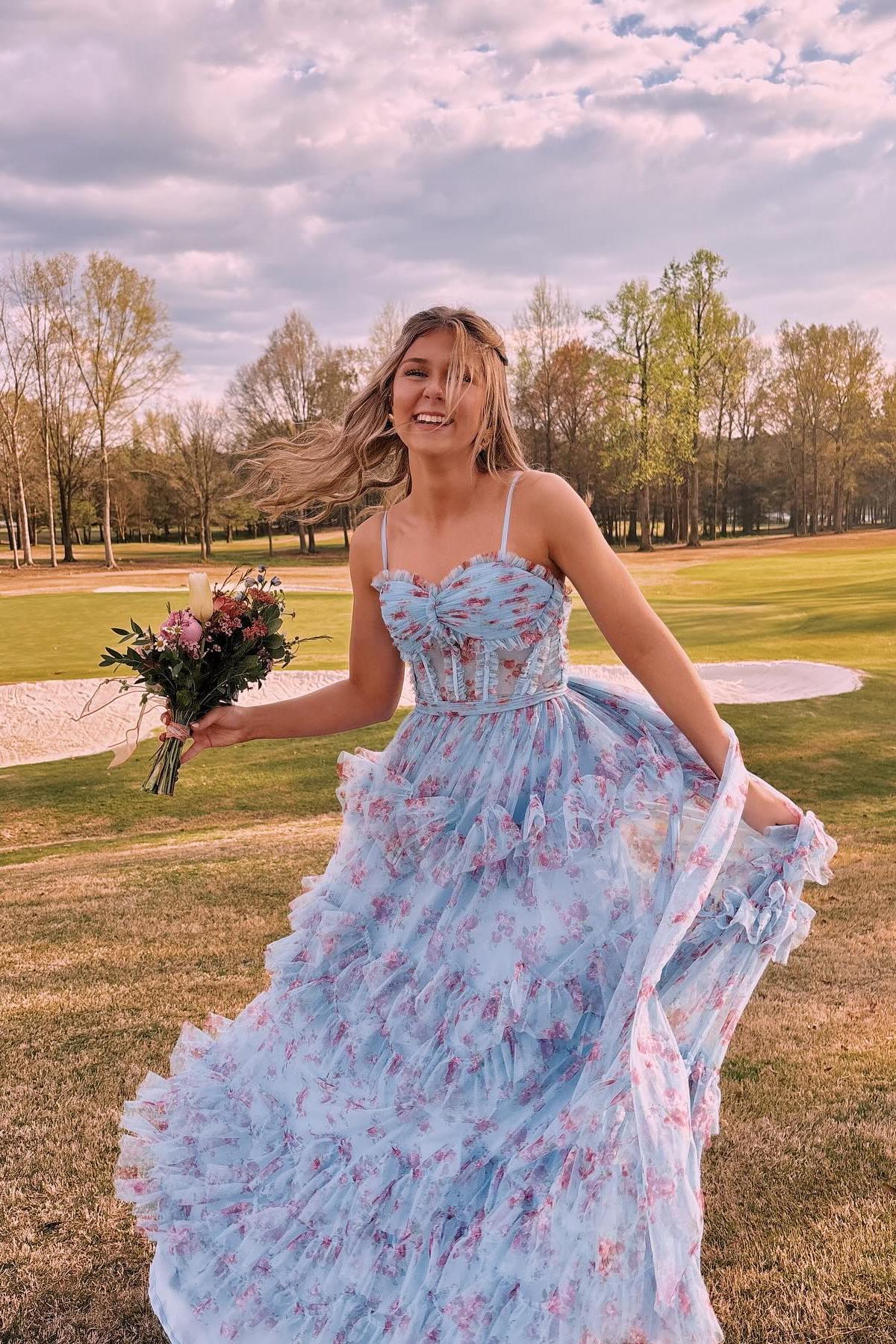 Straps Blue Floral Corset A-line Ruffle Prom Dress Dressesforparty Straps Blue Floral Corset A-line Ruffle Prom Dress Dressesforparty