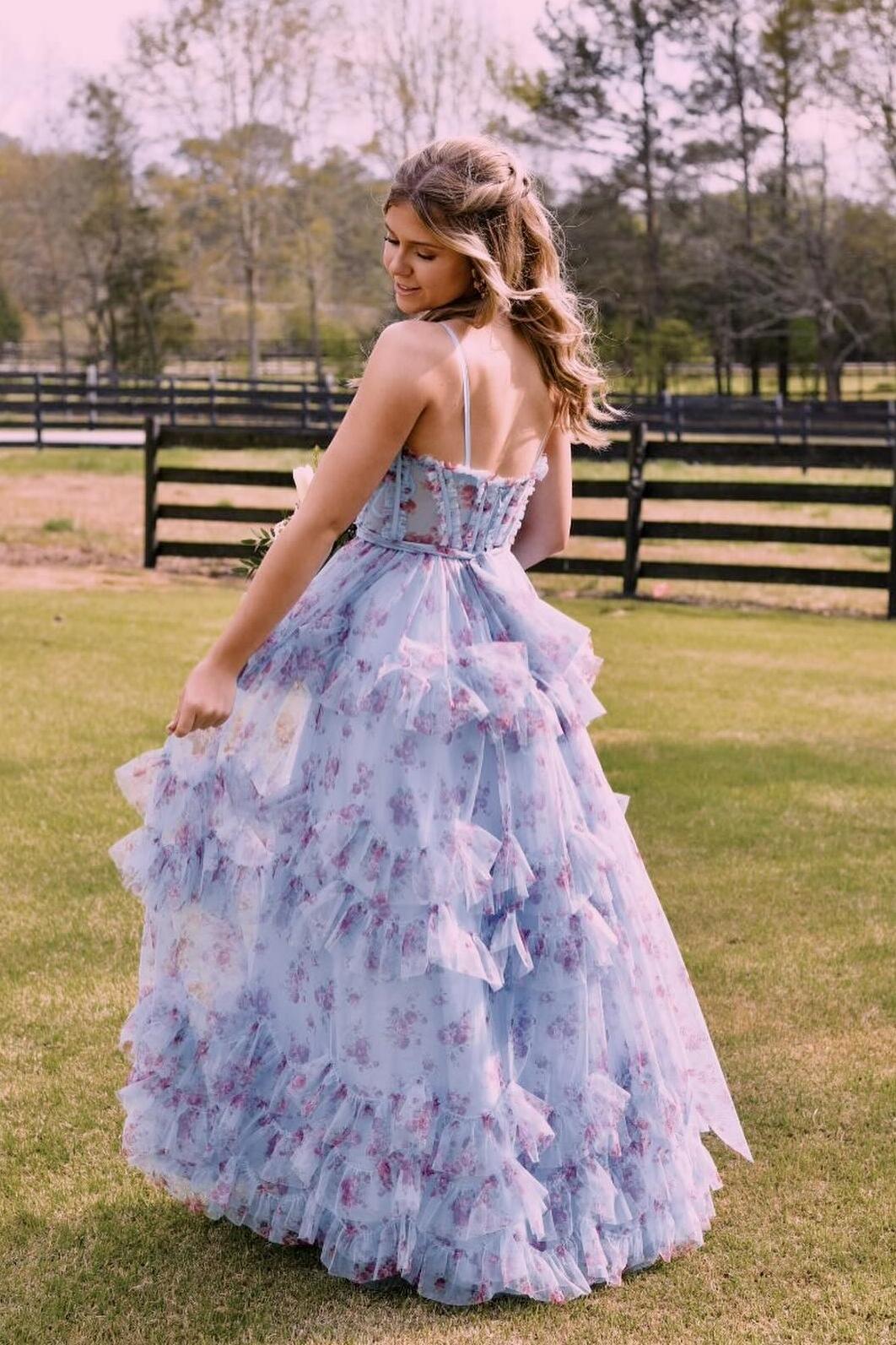 Straps Blue Floral Corset A-line Ruffle Prom Dress Dressesforparty Straps Blue Floral Corset A-line Ruffle Prom Dress Dressesforparty