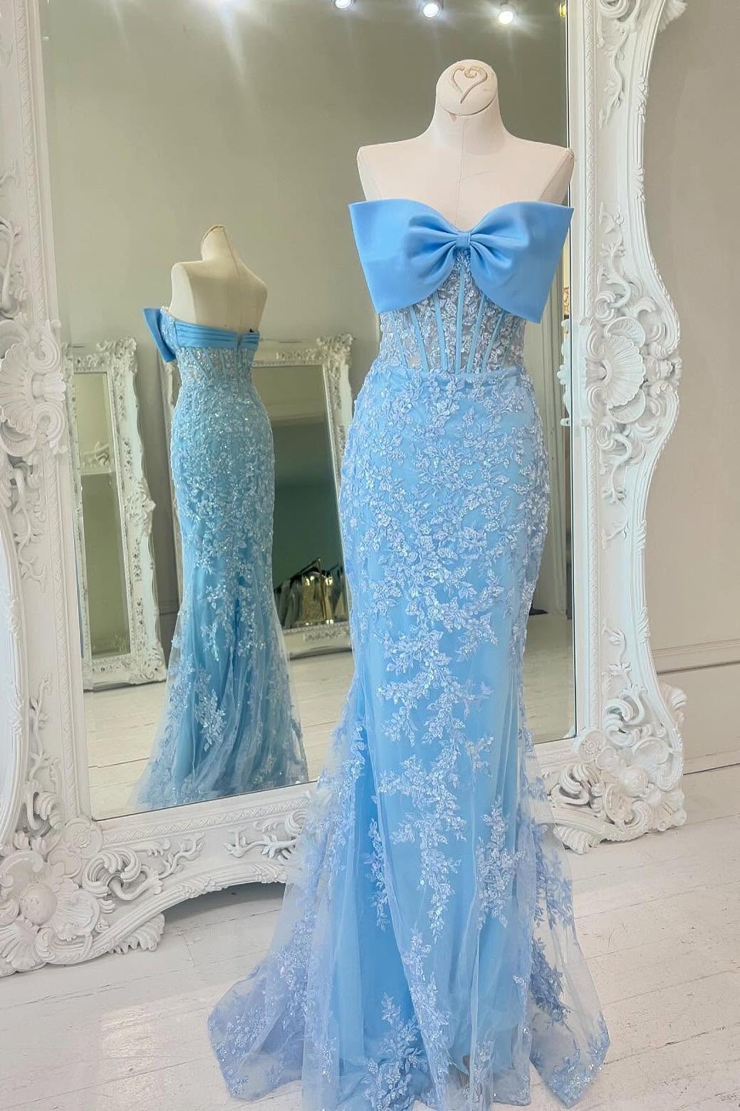 Strapless Light Blue Mermaid Long Prom Dress with Bow – Dressesforparty