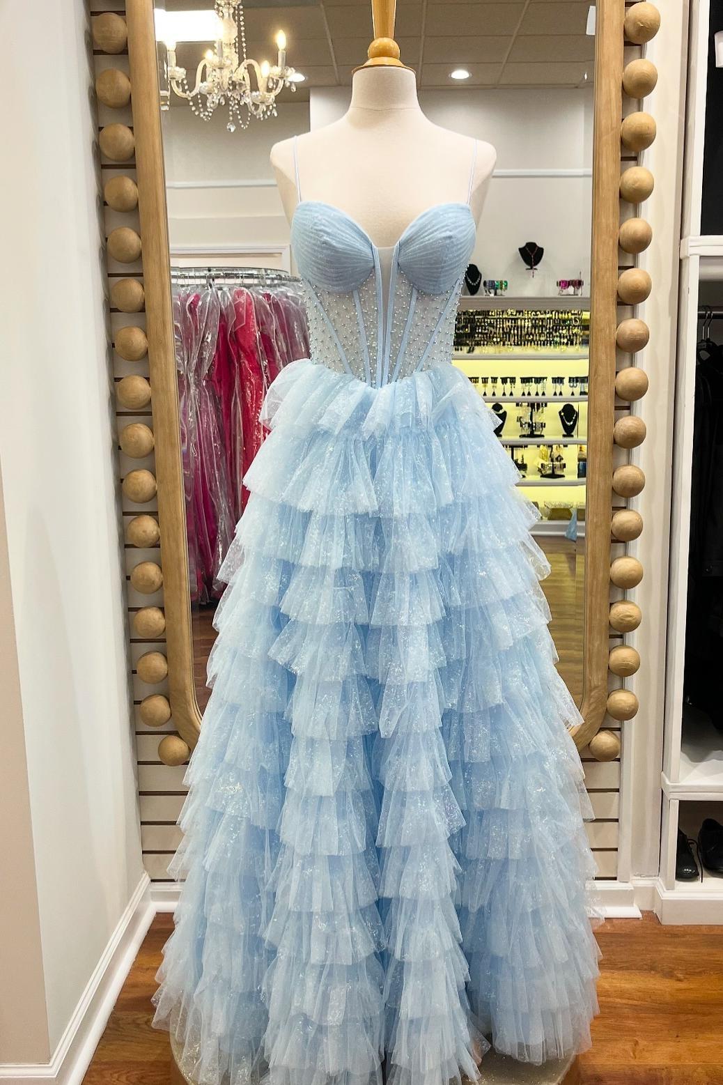 Spaghetti Straps Light Blue Corset A-line Ruffle Gown Dressesforparty Spaghetti Straps Light Blue Corset A-line Ruffle Gown Dressesforparty