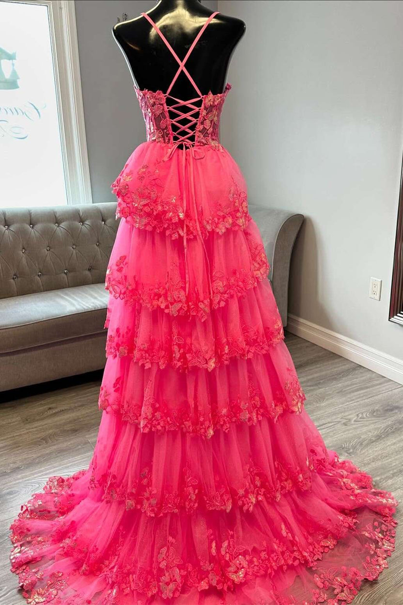 Hot Pink Appliques Spaghetti Strap Ruffle Tiered Long Prom Dress