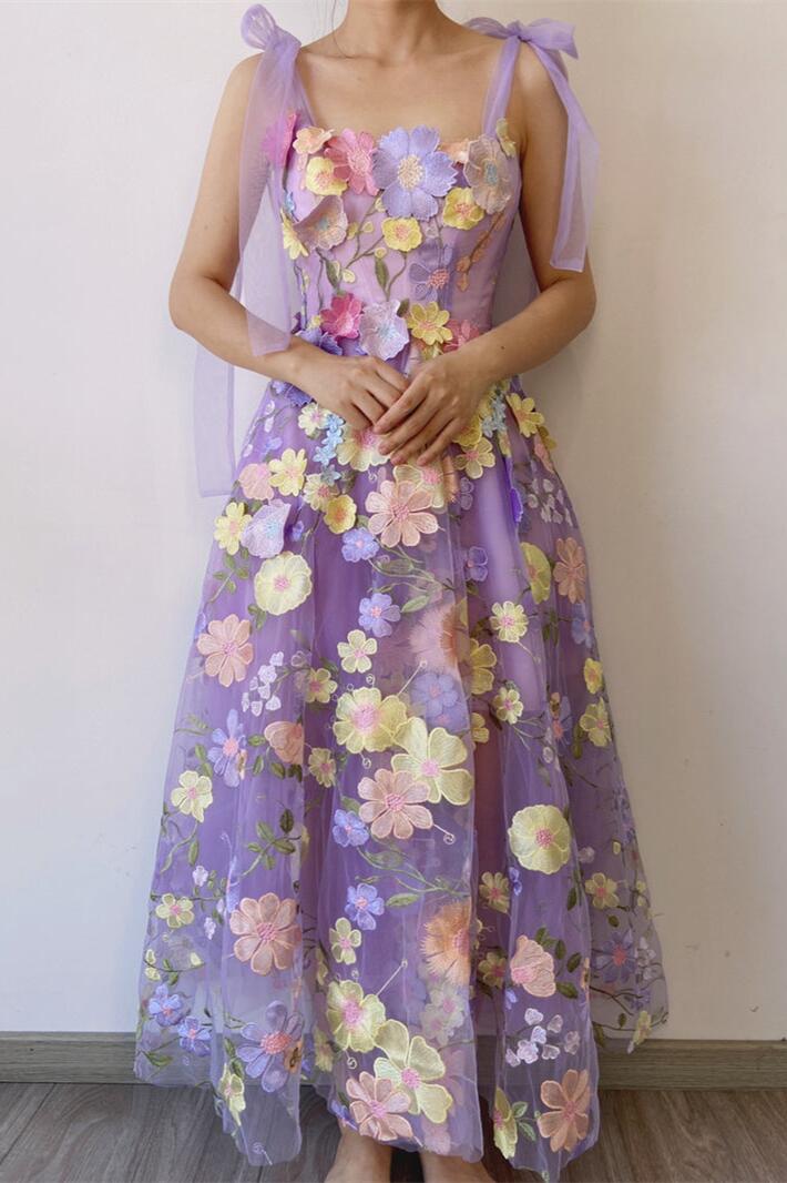 Lavender Floral Embroidery A-line Formal Dress