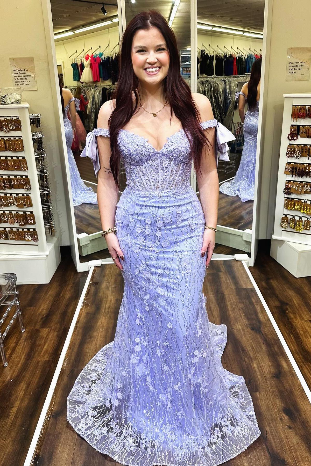 fitted lace wedding dress Sylvia Lilac Mermaid Scoop Lace Prom Dress with Lace-Up Open Back Sky Blue / 14 main image 1