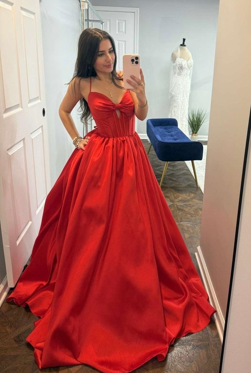 Straps Knotted Front Red Satin A-line Prom Dress Dressesforparty Straps Knotted Front Red Satin A-line Prom Dress Dressesforparty