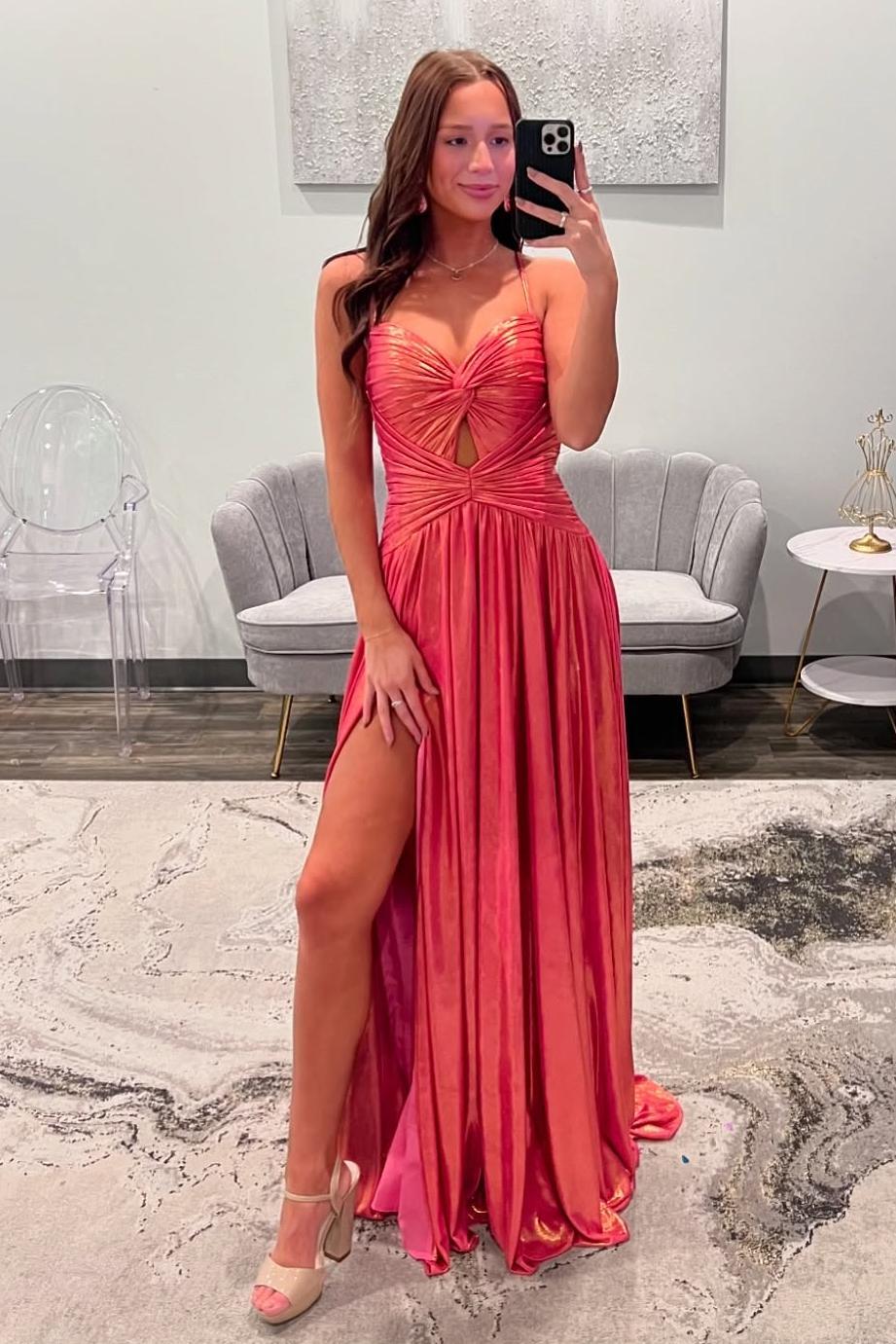 Spaghetti Straps Coral Metallic Twist Long Prom Dress Dressesforparty Spaghetti Straps Coral Metallic Twist Long Prom Dress Dressesforparty