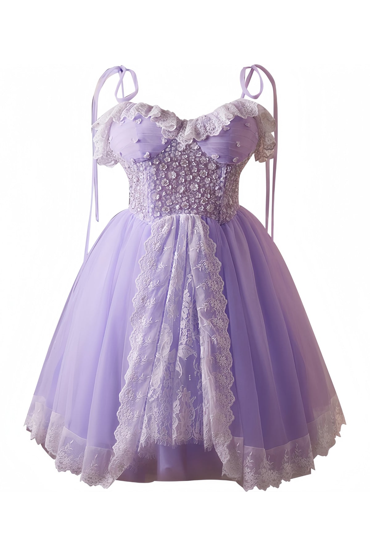 Lavender A-line 3D Floral and Lace Trim Puffy Mini Dress