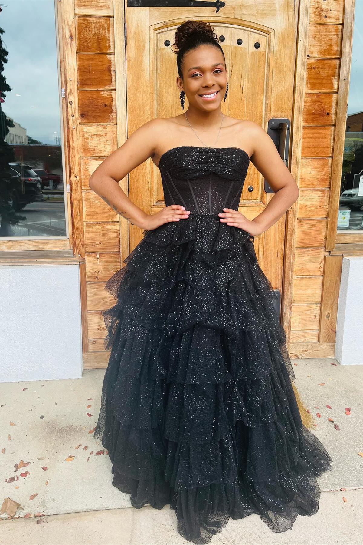 Strapless Black Tulle Tiered Ruffle Dress