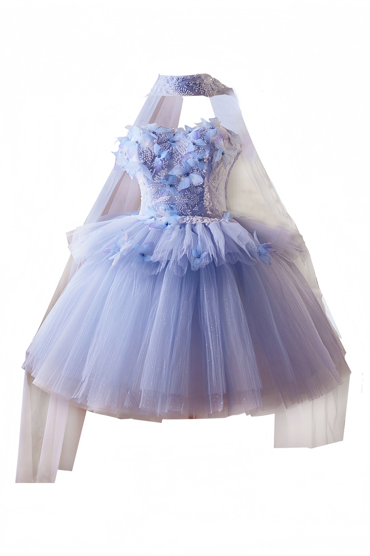 Periwinkle A-line Beaded and 3D Butterfly Puffy Mini Dress