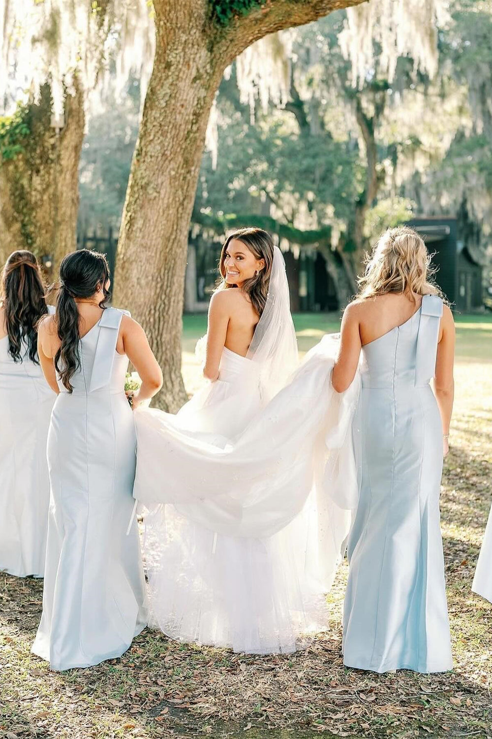 Bow One Shoulder Light Blue Satin Long Bridesmaid Dress – Dressesforparty